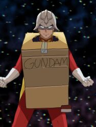  1boy :d blonde_hair bodysuit box cardboard_box cardboard_box_gundam char_aznable character_name clenched_hands closed_mouth commentary_request cowboy_shot dark_background gloves grey_helmet gundam gundam_gquuuuuux helmet high_collar looking_at_viewer male_focus mask meme open_mouth parody red_bodysuit smile solo space star_(sky) unchichi white_gloves zeon 