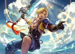  1boy black_gloves blonde_hair blue_pants cloud cowboy_shot cropped_jacket final_fantasy final_fantasy_x gloves holding holding_sword holding_weapon jacket magic:_the_gathering male_focus nijihayashi no_shirt ocean official_alternate_costume official_art pants pointing short_hair solo sun sword tidus water weapon yellow_jacket 