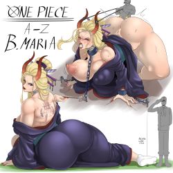 1boy 1girl absurdres ahegao ass back_tattoo bdsm black_maria_(one_piece) blonde_hair blue_eyes blush bondage bound breasts chain clenched_teeth collar colored_skin cuffs curvy english_text giant giantess grey_skin handcuffs hetero highres horns huge_ass huge_breasts large_breasts leash lipstick makeup nail_polish nipples one_piece puffy_nipples red_lips red_nails sex sex_from_behind simple_background size_difference slave sunnysundown sweatdrop tall_female tattoo teeth thick_thighs thighs white_background wide_hips rating:Explicit score:263 user:xAkira