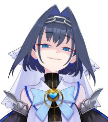  1girl black_shirt blue_bow blue_eyes blue_gemstone blue_hair bow bow_earrings breasts chain chain_headband commentary detached_sleeves earrings english_commentary gem hair_intakes half-closed_eyes head_chain heart-shaped_gem hololive hololive_english jewelry looking_at_viewer medium_breasts mildtaste ouro_kronii ouro_kronii_(1st_costume) parted_lips shaded_face shirt short_hair signature simple_background smirk smug solo transparent_background turtleneck undershirt upper_body veil virtual_youtuber white_background white_shirt  rating:General score:13 user:danbooru