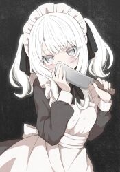  1girl apron black_background black_dress black_ribbon cowboy_shot dress grey_eyes hair_ribbon heart heart-shaped_pupils highres holding holding_knife knife looking_at_viewer maid maid_headdress mamiro neck_ribbon original ribbon sidelocks solo symbol-shaped_pupils twintails white_apron 
