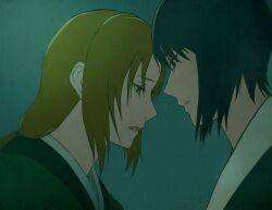  2girls black_eyes black_hair blonde_hair brown_eyes green_background lips long_hair makidsume multiple_girls naruto_(classic) naruto_(series) shizune_(naruto) short_hair tsunade_(naruto) upper_body 