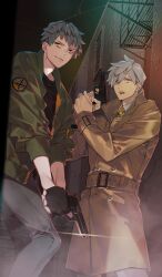  2boys alley belt_buckle black_gloves black_shirt blue_eyes blue_pants brown_background brown_coat brown_eyes buckle building closed_mouth coat collared_jacket commentary diffraction_spikes fate/grand_order fate_(series) feet_out_of_frame fighting_stance finger_on_trigger fingerless_gloves glint gloves green_jacket grey_hair gun hair_between_eyes handgun hands_up holding holding_gun holding_weapon jacket looking_to_the_side male_focus multiple_boys necktie official_alternate_costume official_art open_mouth outdoors pants partially_unzipped percival_(fate) popped_collar saitou_hajime_(fate) shirt short_hair sleeves_rolled_up smile teeth teita_(88_taho) third-party_source trench_coat two-handed two-handed_handgun_grip upper_teeth_only weapon weapon_request white_shirt wing_collar yellow_necktie zipper 