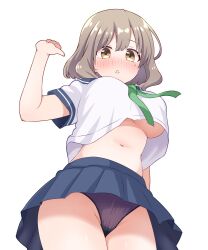 1girl arm_at_side blue_sailor_collar blue_skirt blush breasts brown_eyes brown_hair commentary_request cowboy_shot crop_top crop_top_overhang cropped_shirt crotch_seam double-parted_bangs embarrassed green_neckerchief hand_up highres large_breasts looking_at_viewer looking_down ma_tsukasa medium_hair miniskirt mole mole_under_eye navel neckerchief nose_blush original panties pantyshot parted_lips pleated_skirt purple_panties sailor_collar school_uniform serafuku shirt short_sleeves simple_background skirt solo standing stomach underboob underwear upshirt upskirt white_background white_shirt 