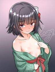  1girl alternate_costume black_hair blush breasts closed_mouth collarbone commentary_request furaggu_(frag_0416) green_kimono hair_ribbon highres ishigaki_(kancolle) japanese_clothes kantai_collection kimono looking_at_viewer nipples open_clothes open_kimono purple_eyes red_ribbon ribbon short_hair simple_background small_breasts smile solo upper_body watermark white_ribbon 