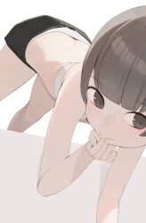 1girl black_shorts bra brown_eyes brown_hair closed_mouth commentary_request highres hiroki_(yyqw7151) looking_at_viewer original panties panty_peek partial_commentary shorts solo underwear white_bra white_panties 