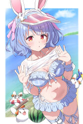  1girl absurdres animal_ears bikini blue_bikini blue_sky cloud commentary_request day food frilled_bikini frills fruit highres hololive looking_at_viewer navel ocean outdoors pekomon rabbit_ears rabbit_girl red_eyes sky solo sweat swimsuit taraneko_miso thick_eyebrows usada_pekora virtual_youtuber visor_cap watermelon 