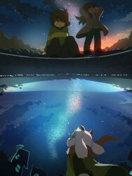  1boy 1girl 1other 365mimimi arms_behind_head brown_hair brown_pants cloud colored_sclera colored_skin deltarune different_reflection dusk expressionless fisheye foliage furry furry_female furry_male glasses goat_boy grass green-framed_eyewear green_robe green_sweater highres horns jacket kris_(deltarune) lake long_hair looking_afar looking_down looking_up medium_hair milky_way night night_sky open_clothes open_jacket orange_sky pants pink_scarf pond purple_scales purple_skin ralsei reflection reptile_girl robe round_eyewear scarf shaded_face single_horizontal_stripe sitting sky standing star_(sky) starry_sky susie_(deltarune) sweater white_fur yellow_sclera 