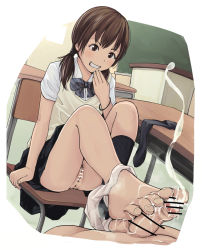 1boy 1girl anus bad_id bad_pixiv_id bar_censor barefoot black_skirt black_socks blush bow bowtie bracelet brown_eyes brown_hair censored chair classroom cleft_of_venus cum cum_on_body cum_on_feet desk ejaculation feet female_pubic_hair footjob foreskin grin hand_to_own_mouth hetero highres indoors jewelry kneehighs unworn_kneehighs loli medium_hair no_panties original panties panties_around_ankles panties_around_leg panty_pull penis phimosis pleated_skirt pubic_hair pussy rensyu school school_desk school_uniform shirt short_sleeves single_kneehigh single_sock sitting skirt smile socks unworn_socks testicles toes twintails underwear white_shirt rating:Explicit score:225 user:danbooru