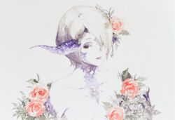  age_iro au_ra blue_horns breasts final_fantasy final_fantasy_xiv flower highres horns nude painting_(medium) red_flower red_rose rose small_breasts traditional_media watercolor_(medium) 