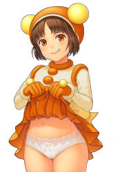  1girl absurdres breasts brown_hair cameltoe clothes_lift gloves gouketsuji_ichizoku grin hananokouji_kurara highres legs lifting_own_clothes looking_at_viewer magical_girl navel orange_eyes panties presenting short_hair skirt skirt_lift small_breasts smile solo thighs underwear white_panties  rating:Sensitive score:27 user:nepkp2