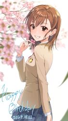  1girl absurdres blazer blurry bow bowtie breasts brown_eyes brown_hair brown_jacket cherry_blossoms commentary dated depth_of_field emblem english_commentary happy_birthday highres holding holding_petal jacket k3rd long_sleeves looking_at_viewer medium_hair misaka_mikoto parted_lips petals plaid_clothes plaid_skirt red_bow red_bowtie school_emblem school_uniform skirt small_breasts smile solo toaru_kagaku_no_railgun toaru_majutsu_no_index tokiwadai_school_uniform winter_uniform  rating:General score:5 user:danbooru