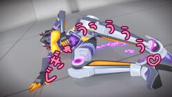  1girl 3d agent_mirai armor black_bodysuit blender_(medium) bodysuit breasts gloves hand_on_own_stomach heart highres impossible_bodysuit impossible_clothes lying male_focus mask mirai_(agent_mirai) on_floor on_side orange_bodysuit personality_excrement pubic_tattoo purple_hair short_hair skin_tight solo spread_legs tattoo umaaji_lady_mk2 