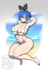  1girl ahoge armpits arms_behind_head ass bare_shoulders barefoot beach bikini black_bow black_choker blue_hair blush bow breasts choker cleavage dif_(difman) difman feet hair_bow highres large_breasts mole mole_under_eye multicolored_hair muscular muscular_female original outdoors sand sky solo swimsuit thick_thighs thighs two-tone_hair water white_bikini yellow_eyes  rating:Sensitive score:5 user:betweendays