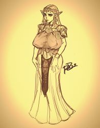  1girl breasts dress elf full_body highres huge_breasts long_ears looking_at_viewer nintendo pointy_ears princess_zelda robaato robert_porter solo the_legend_of_zelda the_legend_of_zelda:_ocarina_of_time tiara 