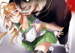 1boy 1girl ahoge blood breasts brown_hair cleavage clenched_teeth drooling grabbing_another&#039;s_breast groping hetero highres highschool_of_the_dead imminent_rape jewelry knife large_breasts long_hair miyamoto_rei necklace red_eyes satou_shouji school_uniform serafuku shoes shorts sneakers tears teeth thighhighs watch wristwatch you_gonna_get_raped zettai_ryouiki rating:Questionable score:69 user:danbooru