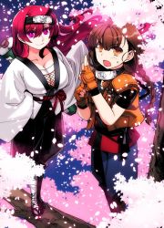  10s 2girls braid breasts brown_eyes brown_hair cherry_blossoms cleavage highres ishida_akira large_breasts long_hair maid_ane_(maoyuu) maou_(maoyuu) maoyuu_maou_yuusha multiple_girls ninja red_eyes red_hair scroll smile 
