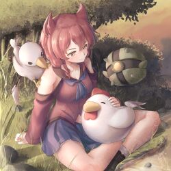  100_percent_orange_juice 1girl animal_ears ascot bare_shoulders bird black_footwear blue_ascot boots breasts brown_hair bush chicken closed_mouth crossed_legs fang grass hair_between_eyes hair_tie hand_on_ground haruo_(orange_juice) highres jonathan_(orange_juice) light_blush long_sleeves looking_down low_twintails medium_breasts medium_hair on_grass petting robo_ball_(orange_juice) robot rock scenery scorpioncard seagull sitting skin_fang skirt tail teotoratta_(orange_juice) tree twintails yellow_eyes 