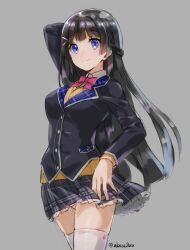  1girl akaza arm_behind_head artist_name black_hair black_jacket blue_eyes bow bowtie grey_background hair_ornament hairclip jacket long_hair nijisanji panties panty_peek pink_bow pink_bowtie pink_panties plaid_clothes plaid_skirt simple_background skirt solo thighhighs tsukino_mito tsukino_mito_(1st_costume) underwear virtual_youtuber white_thighhighs 