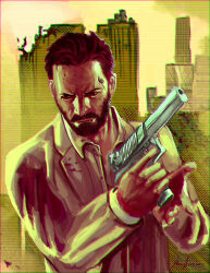  1boy absurdres beard blood blood_on_clothes brown_eyes brown_facial_hair brown_hair building buttons chromatic_aberration city collared_shirt commentary desert_eagle dress_shirt english_commentary facial_hair forehead gun handgun highres holding holding_gun holding_weapon jacket lapels long_sleeves looking_to_the_side male_focus mature_male max_payne_(character) max_payne_(series) max_payne_3 mustache open_clothes open_collar open_jacket partially_unbuttoned scanlines scar scar_on_face scar_on_forehead serious shirt short_hair signature solo suit_jacket superhermit unbuttoned upper_body very_short_hair weapon white_jacket white_shirt yellow_background 