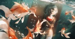  1girl 7hertz air_bubble artist_name bang_dream! bang_dream!_it&#039;s_mygo!!!!! belt_collar black_hair brown_jacket bubble chinese_commentary collar commentary_request cowboy_shot dutch_angle fish goldfish highres indoors jacket looking_to_the_side medium_hair open_clothes open_jacket pencil_skirt red_tube_top skirt solo strapless tube_top underwater yahata_umiri 