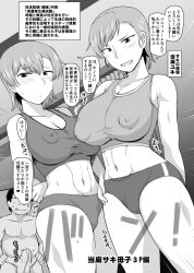  blush breasts bulge deep_valley erection erection_under_clothes fukama_mitsuro gym_uniform highres inkou_kyoushi_no_saimin_seikatsu_shidouroku large_breasts mother_and_daughter muscular navel nipples sports_bra sweat thick_thighs thighs touma_saki translation_request 