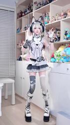  1girl animal_ears animated arm_strap audible_music audible_speech belt boots bow bracelet clenched_hands cosplay cosplay_photo covering_own_mouth dancing facial_mark fake_animal_ears figure fingerless_gloves full_body giggling gloves goggles grey_hair hair_ornament headset high_heel_boots high_heels highres ijiranaide_nagatoro-san indoors jewelry knee_boots leotard looking_at_viewer m/ mechanical_ears nagatoro_hayase original panda_hair_ornament photo_(medium) platform_boots platform_footwear platform_heels skirt solo sound thighhighs twintails video w_arms white_boots white_bow white_gloves white_leotard x_hair_ornament xiaorouseeu  rating:General score:70 user:Floater