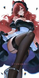  1girl apron artist_name black_choker black_dress black_flower black_gloves black_rose black_thighhighs blush breasts ceres_(shingeki_no_bahamut) choker chokopaii commission cone_hair_bun detached_sleeves double_bun dress falling_petals fine_fabric_emphasis flower from_below garter_straps gem gloves grey_shoes hair_bun hair_flower hair_ornament hair_over_one_eye high_heels highres lace lace_choker large_breasts legs long_hair looking_at_viewer looking_down maid maid_headdress one_eye_covered parted_lips patent_heels petals puffy_sleeves purple_eyes red_gemstone red_hair rose shingeki_no_bahamut shoes skirt_hold solo standing standing_on_one_leg stiletto_heels strapless strapless_dress strappy_heels teeth thighhighs thighs very_long_hair waist_apron white_apron 