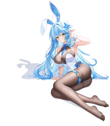  1girl absurdres ahoge animal_ears armpits bare_shoulders blue_hair bodystocking breasts clothing_cutout commentary_request elf feet heart heart_ahoge heart_cutout highres hololive large_breasts leotard misoile multicolored_hair pink_hair playboy_bunny pointy_ears rabbit_ears simple_background solo two-tone_hair virtual_youtuber white_background white_leotard white_wrist_cuffs wrist_cuffs yellow_eyes yukihana_lamy 
