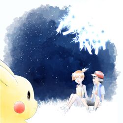  1boy 1girl :d ash_ketchum asymmetrical_hair baseball_cap black_hair blue_jacket closed_eyes closed_mouth denim denim_shorts gen_1_pokemon grass gym_leader hat highres jacket knees misty_(pokemon) night night_sky nintendo open_clothes open_jacket open_mouth orange_hair outdoors pikachu pokemon pokemon_(anime) pokemon_(classic_anime) pokemon_rgby ponytail shirt shoes short_hair short_sleeves shorts side_ponytail sitting sky sleeveless sleeveless_jacket sleeveless_shirt smile star_(sky) suspenders yellow_shirt 