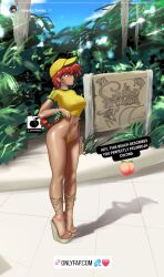 1girl ass blue_eyes braid braided_ponytail earrings feet genderswap high_heels highres instagram jewelry linkartoon long_hair long_legs onlyfans parody ranma-chan ranma_1/2 red_hair saotome_ranma solo stomach thong toes