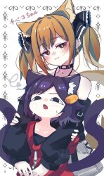  2girls :3 absurdres animal_ear_fluff animal_ears azuki_(vrchat) bare_shoulders black_choker black_eyes black_hair black_ribbon black_shirt blush brown_eyes brown_hair carrot_hair_ornament cat_ears cat_girl cat_tail chibeko_(vrchat) choker closed_mouth collarbone earrings extra_ears fang food-themed_hair_ornament hair_ornament hair_ribbon highres jacket jewelry long_hair long_sleeves looking_at_viewer multicolored_hair multiple_girls multiple_tails nono_datenshia off-shoulder_shirt off_shoulder open_mouth purple_hair red_jacket ribbon shirt short_hair skirt smile sparkle sweat tail twintails two_tails vrchat white_background zipper zipper_pull_tab 