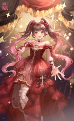  1girl arm_ribbon artist_request bare_shoulders beckoning black_background black_ribbon blunt_bangs bow brown_hair bubble_skirt choker copyright_name cross curtains dodora dress dress_ribbon eyelashes feet_out_of_frame flower flower_choker frilled_arm_warmers gradient_hair hair_bow hand_on_own_cheek hand_on_own_face heart_on_cheek highres lace lace_thighhighs light_particles logo long_dress long_hair looking_at_viewer marking_on_cheek multicolored_hair nikki_(series) off-shoulder_dress off_shoulder official_art open_mouth outstretched_hand pink_hair red_bow red_dress red_eyes red_flower red_ribbon red_rose ribbon rose second-party_source shining_nikki short_sleeves skirt smile solo star_(symbol) teeth thighhighs twintails unfading_flower_(shining_nikki) upper_teeth_only very_long_hair white_arm_warmers white_choker white_thighhighs zettai_ryouiki 