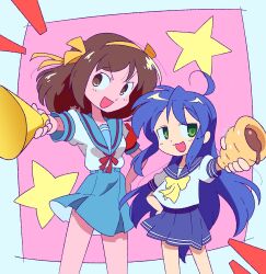  2girls ahoge blue_hair brown_eyes brown_hair chocolate_cornet company_connection food green_eyes highres hirano_aya izumi_konata kita_high_school_uniform long_hair lucky_star medium_hair multiple_girls pleated_skirt school_uniform serafuku skirt suzumiya_haruhi suzumiya_haruhi_no_yuuutsu voice_actor_connection yuki_oto 