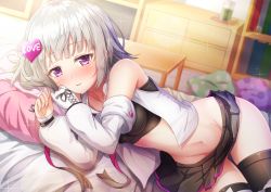 1girl bare_shoulders black_skirt blush bookshelf breasts chest_of_drawers coffee_table collarbone commentary crop_top cup detached_sleeves drinking_glass dutch_angle female_focus fingerless_gloves gloves groin heart icetea large_breasts long_hair long_sleeves lying matokechi medium_breasts navel on_bed on_side panties panty_pull parted_lips pillow pleated_skirt polka_dot polka_dot_pillow purple_eyes silver_hair skirt smile solo table thighhighs underwear vest virtual_youtuber white_gloves white_panties white_vest yomemi rating:Questionable score:24 user:danbooru