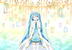  1girl aqua_hair aqua_skirt blush bow closed_eyes detached_sleeves gold_trim hair_between_eyes hair_bow hair_ornament hatsune_miku hiramado_miku kowareta_sekai_to_utaenai_miku long_hair long_sleeves open_mouth pleated_skirt project_sekai skirt sleeveless smile solo spoilers tacchan_(tattyan91031) thighhighs twintails very_long_hair vocaloid white_bow white_thighhighs window zettai_ryouiki 