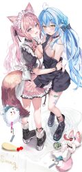  2girls absurdres animal_ear_fluff animal_ears bandaid bandaid_on_leg bare_shoulders belt black_boots blue_hair boots breasts cleavage closed_mouth elf fang full_body hakui_koyori highres hololive long_sleeves looking_at_viewer mugiusagi multiple_girls open_mouth pink_hair pointy_ears short_sleeves simple_background single_off_shoulder smile standing tail thigh_belt thigh_strap tongue tongue_out virtual_youtuber white_background wolf_ears wolf_girl wolf_tail yukihana_lamy 