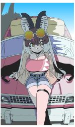  1girl absurdres animal_ears bat_ears bat_girl bat_wings belt brown_eyes brown_hair brown_long-eared_bat_(kemono_friends) car choker extra_ears grey_hair highres jacket kemono_friends kemono_friends_v_project long_hair looking_at_viewer motor_vehicle multicolored_hair onaji_(sokudo_seigen) shirt shorts solo streaked_hair sunglasses virtual_youtuber wings 