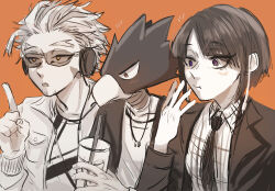  1girl 2boys absurdres animal_head ayumu_(pixiv66340006) blush boku_no_hero_academia drink drinking_straw eating facial_hair furry furry_male hand_up hawks_(boku_no_hero_academia) highres index_finger_raised jewelry jiro_kyoka multiple_boys necklace necktie orange_background orange_eyes purple_eyes stubble tokoyami_fumikage 
