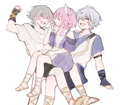  1girl 2boys aged_down ancient_greek_clothes antenna_hair artist_name bandaged_leg bandages bare_shoulders belt black_belt black_gloves black_shorts blue_gloves blue_shirt blue_shorts blush caelus_(honkai:_star_rail) child clenched_hand closed_eyes closed_mouth collarbone cyrene_(honkai:_star_rail) dress feet_out_of_frame fingerless_gloves full_body gladiator_sandals gloves gold_sandals greco-roman_clothes grey_hair hair_between_eyes hair_ribbon hand_on_another&#039;s_shoulder hand_on_own_face hand_up happy highres himation honkai:_star_rail honkai_(series) leonrui mixed-language_commentary multicolored_hair multiple_boys off-shoulder_dress off_shoulder official_alternate_costume open_mouth phainon_(a_dream_scented_in_wheat)_(honkai:_star_rail) phainon_(honkai:_star_rail) pink_hair purple_dress ribbon sandals shirt short_hair short_sleeves shorts sidelocks simple_background sitting smile streaked_hair t-shirt teeth trailblazer_(honkai:_star_rail) two-tone_dress white_background white_dress white_hair white_ribbon white_shirt 