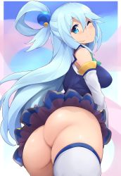 1girl aqua_(konosuba) ass bare_shoulders blue_eyes blue_hair blush breasts commentary_request detached_sleeves female_focus from_behind from_below hair_between_eyes hair_ornament hair_rings highres huge_ass jampen kono_subarashii_sekai_ni_shukufuku_wo! large_breasts long_hair looking_at_viewer no_panties one_eye_closed smile solo thick_thighs thighhighs thighs white_thighhighs rating:Sensitive score:244 user:danbooru
