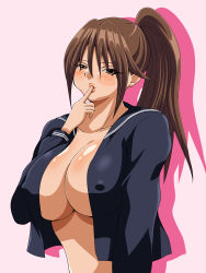 00s 1girl blush breasts brown_eyes brown_hair cleavage covered_erect_nipples eyes_visible_through_hair female_focus finger_in_own_mouth highres ichigo_100_percent inabakun00 kitaooji_satsuki large_breasts long_hair looking_at_viewer matching_hair/eyes no_bra open_clothes open_shirt parted_lips pink_background ponytail shirt silhouette simple_background solo upper_body rating:Questionable score:5 user:Qwertyuiop999