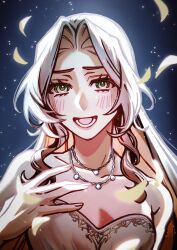  1girl absurdres aerith_gainsborough aerith_gainsborough_(white_floral_dress) bare_shoulders blush breasts brown_hair cleavage dress falling_petals final_fantasy final_fantasy_vii final_fantasy_vii_ever_crisis final_fantasy_vii_rebirth final_fantasy_vii_remake gold_trim green_eyes hand_on_own_chest highres long_hair medium_breasts multiple_necklaces music official_alternate_costume open_mouth parted_bangs petals seilidare sidelocks singing solo strapless strapless_dress upper_body wavy_hair white_dress yellow_petals 