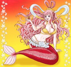  1boy 1girl blue_eyes blush breasts carrying carrying_person cleavage commentary_request fish_hair_ornament gradient_background hagoromo hair_ornament hat indian_style long_hair mermaid monkey_d._luffy monster_girl navel one_piece oregano551 pink_hair red_shirt shawl shirahoshi shirt sitting smile straw_hat very_long_hair 