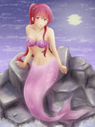  10s 1girl female_focus free! full_body full_moon long_hair maoshim matsuoka_gou mermaid monster_girl moon navel on_rock ponytail red_eyes red_hair reflection rock scales sitting solo very_long_hair  rating:Sensitive score:10 user:danbooru