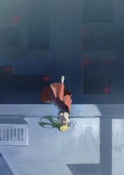  1girl absurdres ao_tsukushi bare_shoulders blonde_hair breasts city dress from_above highres kiss-shot_acerola-orion_heart-under-blade large_breasts long_hair monogatari_(series) on_roof oshino_shinobu red_dress sitting solo 