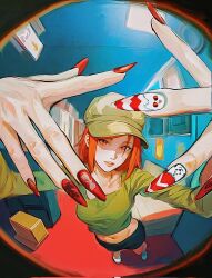  1girl brown_hair cabbie_hat corrupted_twitter_file hat highres jujutsu_kaisen kugisaki_nobara nail_polish navel orange_eyes orange_hair short_hair sira_(si12o2) smile swept_bangs  rating:General score:13 user:danbooru