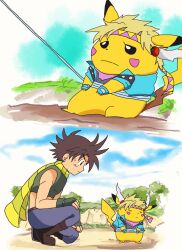 1boy battle_tendency blonde_hair blue_gloves blue_jacket blue_pants boots brown_boots brown_hair caesar_anthonio_zeppeli caesar_anthonio_zeppeli_(cosplay) cosplay crop_top derivative_work feather_hair_ornament feathers fingerless_gloves fishing_rod gen_1_pokemon gloves green_gloves green_scarf green_shirt hair_ornament headband highres jacket jojo_no_kimyou_na_bouken joseph_joestar joseph_joestar_(young) motu705 nintendo pants parody pikachu pink_headband pokemon pokemon_(anime) pokemon_(classic_anime) pokemon_(creature) pokemon_ep001 scarf screenshot_redraw shirt squatting striped_clothes striped_scarf triangle_print yellow_headband