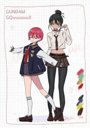  2girls alternate_costume amate_yuzuriha artist_name belt black_hair black_pantyhose brown_skirt closed_eyes commentary_request copyright_name cropped_shirt grid_background gundam gundam_gquuuuuux hair_bun hasu_175 headphones heart highres loafers midriff miniskirt multiple_girls necktie nyaan_(gundam_gquuuuuux) outstretched_arms pantyhose pleated_skirt red_hair red_necktie shirt shoes skirt socks spread_arms standing standing_on_one_leg striped_clothes striped_shirt twitter_username white_socks yellow_eyes 