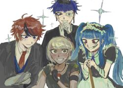 2boys 2girls alternate_costume amemiya_darumi apron armband bandaged_wrist bandages black_hair black_suit blonde_hair blue_eyes blue_hair dark-skinned_female dark_skin eyepatch fingerless_gloves gloves holding holding_plate kawana_tsubasa looking_at_another maid_apron maid_headdress multicolored_hair multiple_boys multiple_girls omokage_yugamu pink_eyes plate ponytail red_hair suit sumino_takumi the_hundred_line_-last_defense_academy- tuxedo twintails upper_body white_background white_gloves